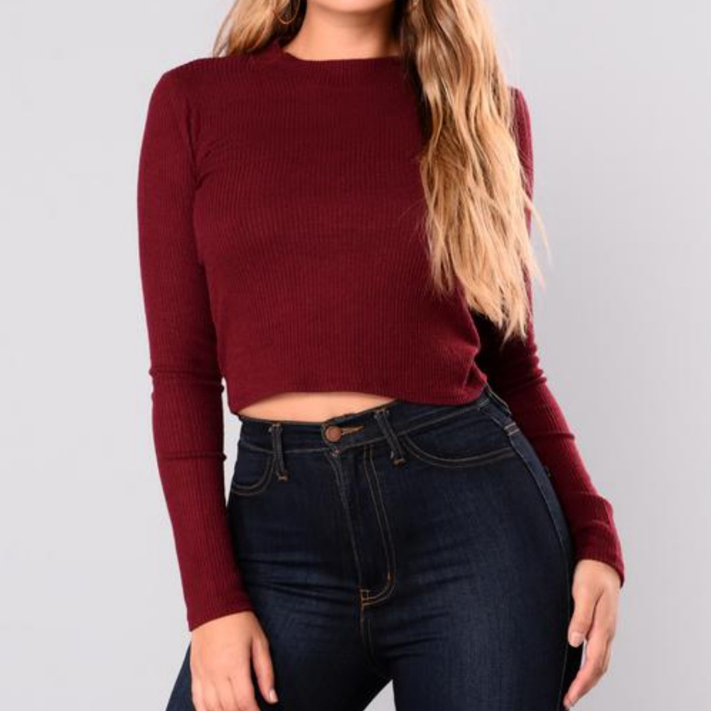 Wine Colored Rib Knit Cropped Sweater